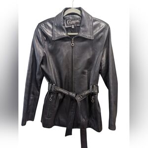 Colebrook & Co Classic Black Leather Belted Jacket Size Medium
